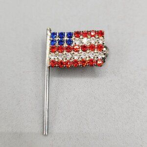 Vintage Patriotic Rhinestone American Flag Brooch Pin Safety Clasp